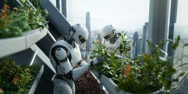 View of a robot taking care of a garden