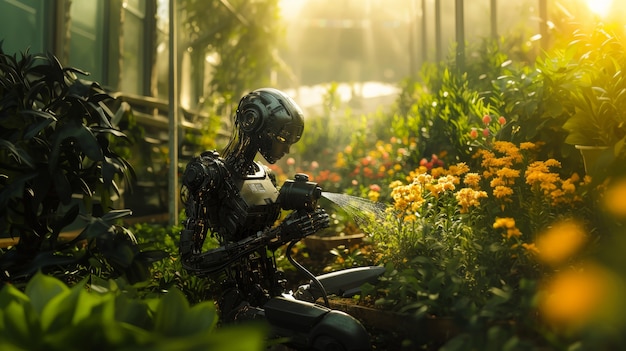 Free photo view of robot tending and maintaining gardens