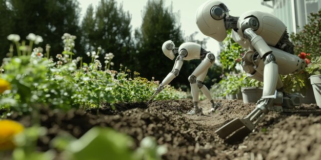 View of robot tending and maintaining gardens