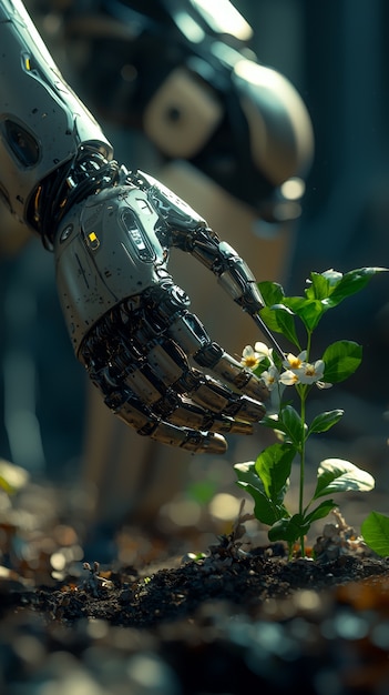 Free photo view of robot tending and maintaining gardens