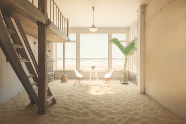 View of room inside house with beach sand and sunny weather