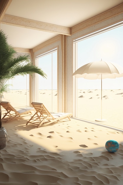 View of room inside house with beach sand and sunny weather