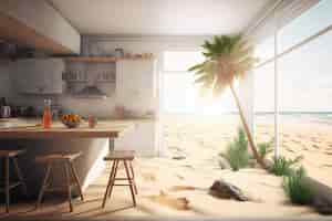 Free photo view of room inside house with beach sand and sunny weather