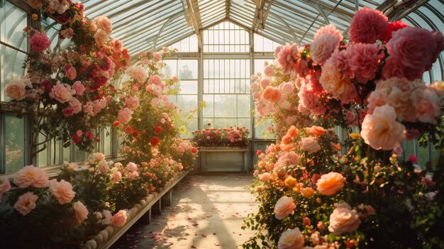 View of rose blooming in greenhouse