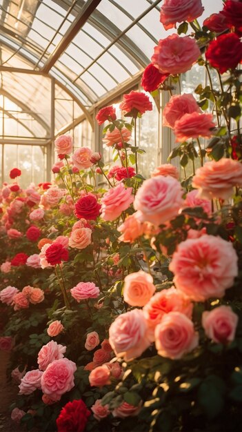 View of rose blooming in greenhouse