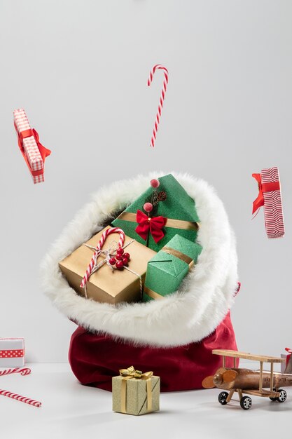 View of santa claus bag with presents and toys