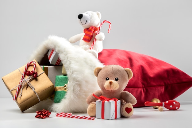 View of santa claus bag with presents and toys