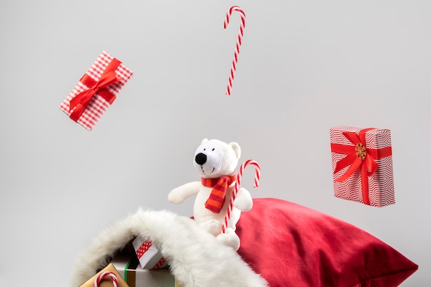 View of santa claus bag with presents and toys