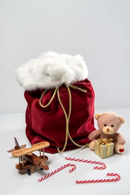 View of santa claus bag with presents and toys