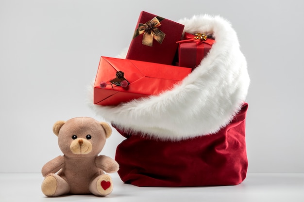 View of santa claus bag with presents and toys