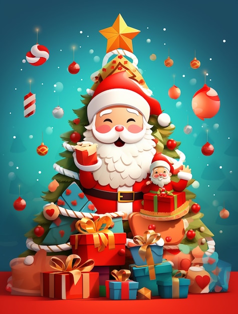 Free photo view of santa claus with tree and presents