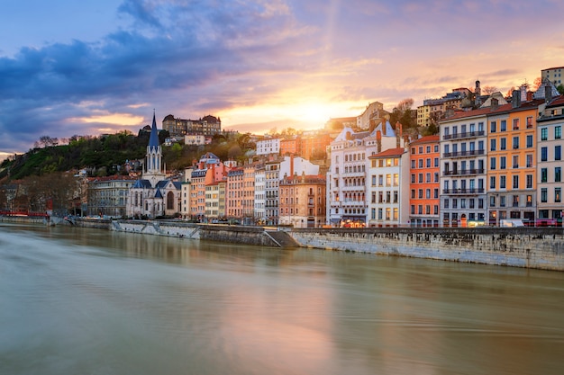 Free Photo view of saone river in lyon city at sunset, france