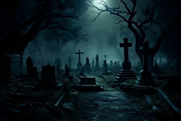 View of scary cemetery at night with moonlight