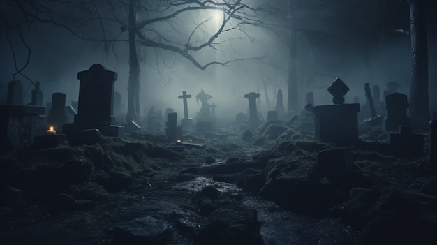 View of scary cemetery at night with moonlight