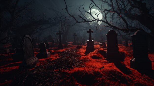 View of scary cemetery at night with moonlight