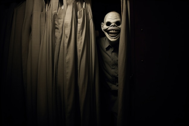 Free Photo view of scary clown face entity with creepy smile coming out from behind curtains