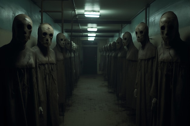 View of scary entities in hallway with fluorescent lighting