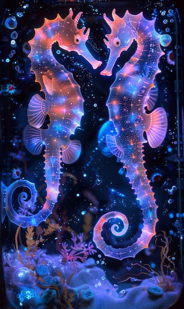 View of sea horse animal with fantastic neon lighting