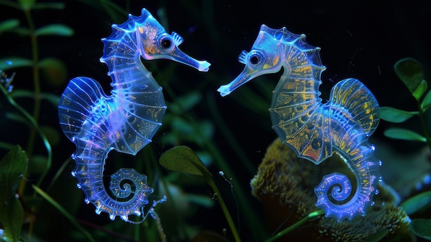 Free photo view of sea horse animal with fantastic neon lighting