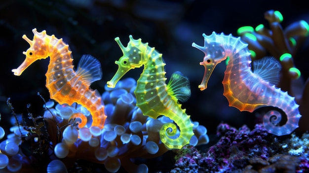 Free photo view of sea horse animal with fantastic neon lighting