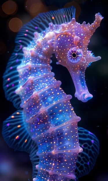 View of sea horse animal with fantastic neon lighting