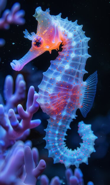 View of sea horse animal with fantastic neon lighting