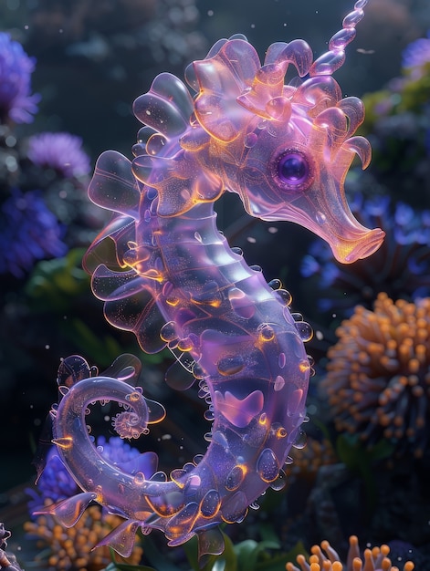 Free photo view of sea horse animal with fantastic neon lighting