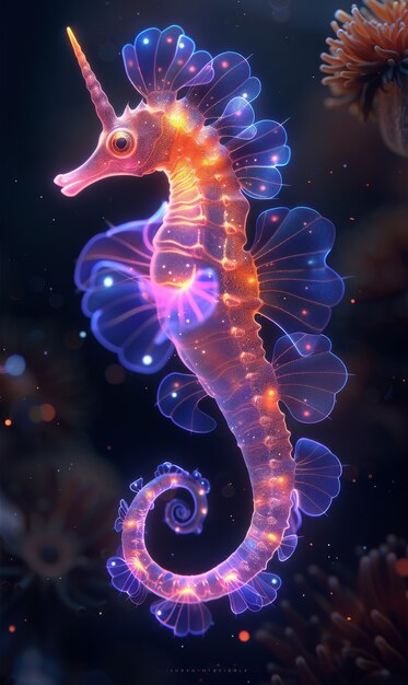 View of sea horse animal with fantastic neon lighting