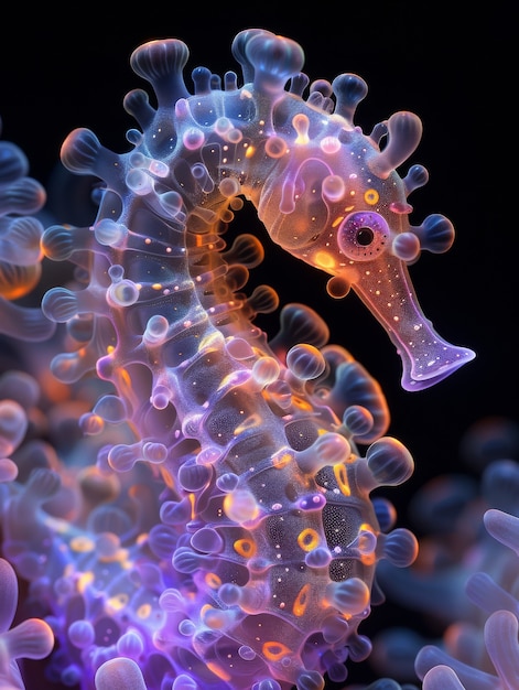 View of sea horse animal with fantastic neon lighting