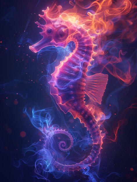 View of sea horse animal with fantastic neon lighting