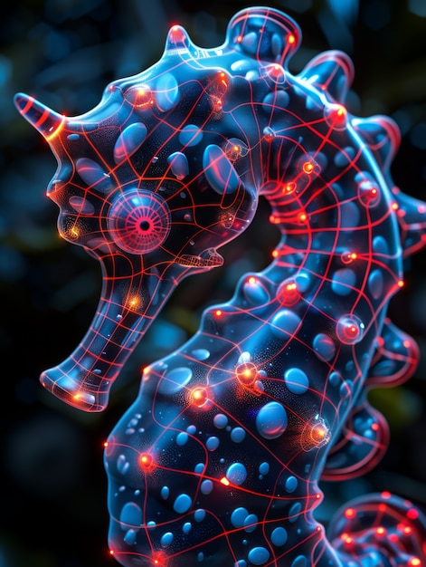 Free photo view of sea horse animal with fantastic neon lighting