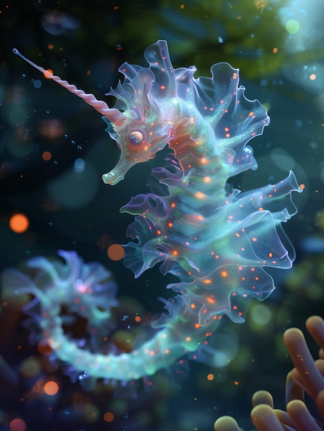 Free photo view of sea horse animal with fantastic neon lighting