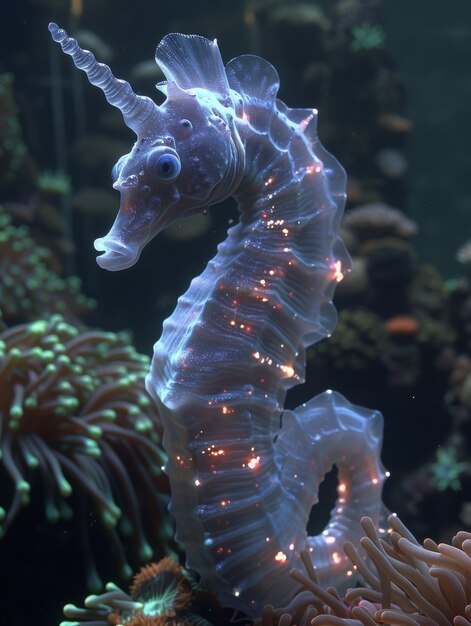 View of sea horse animal with fantastic neon lighting