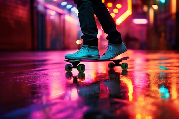 View of skateboarder at night in the city