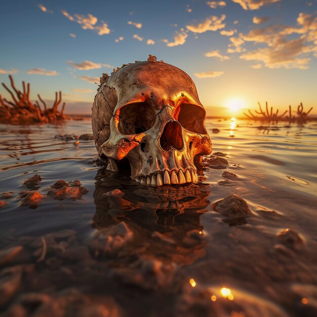 View of skeleton skull emerging from water