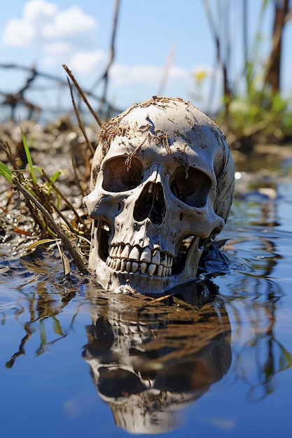 Free photo view of skeleton skull emerging from water