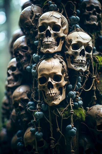 View of skeleton skulls with vegetation