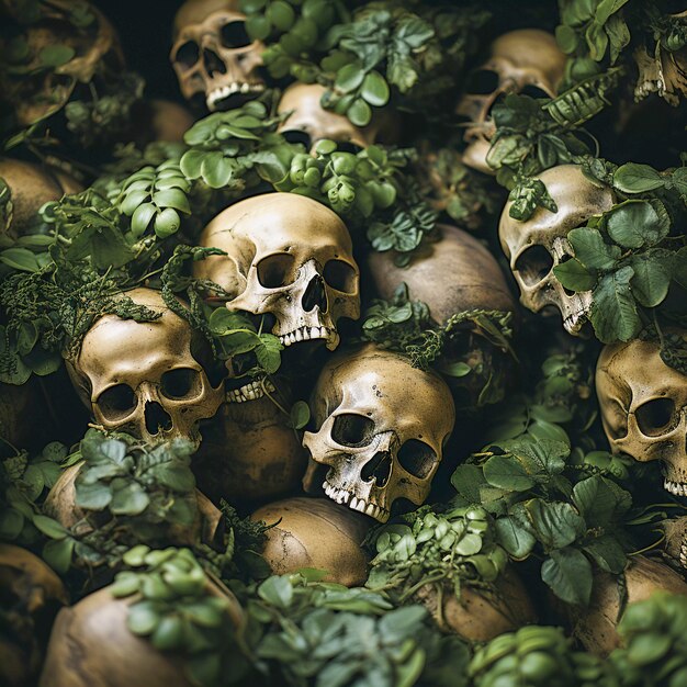 View of skeleton skulls with vegetation