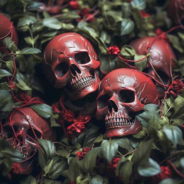 View of skeleton skulls with vegetation