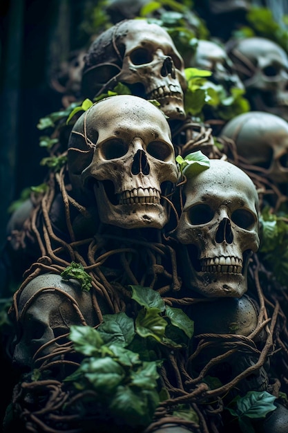 View of skeleton skulls with vegetation