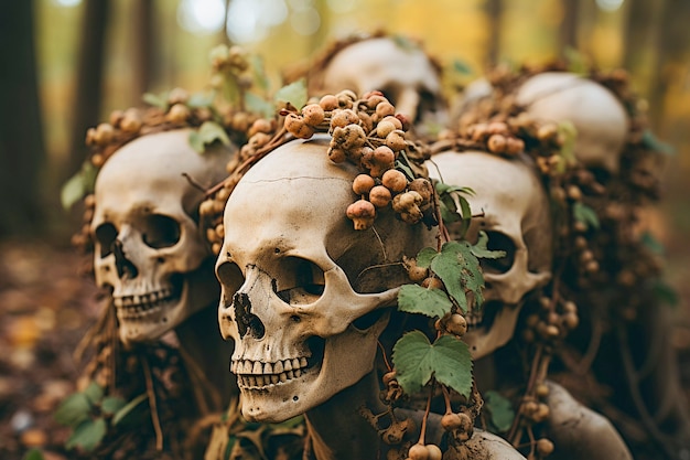 View of skeleton skulls with vegetation