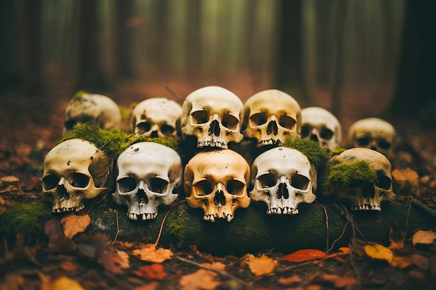 View of skeleton skulls with vegetation