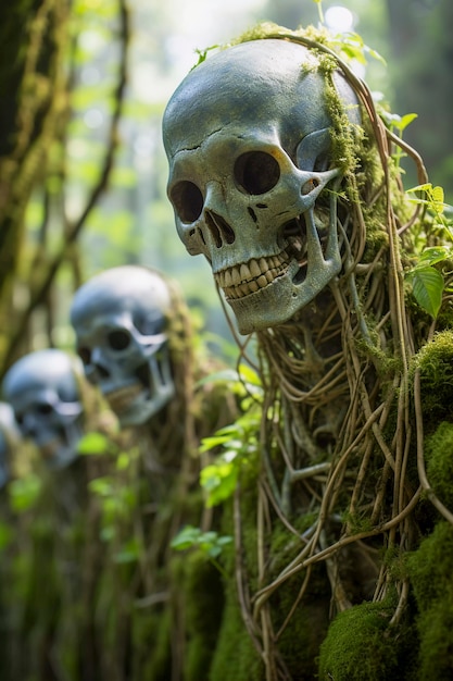 Free Photo view of skeleton skulls with vegetation