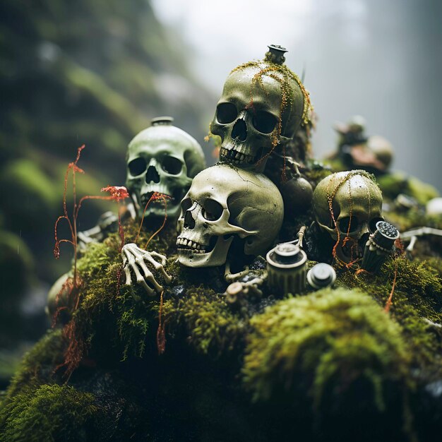 View of skeleton skulls with vegetation