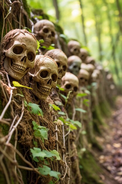 View of skeleton skulls with vegetation