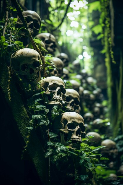 View of skeleton skulls with vegetation