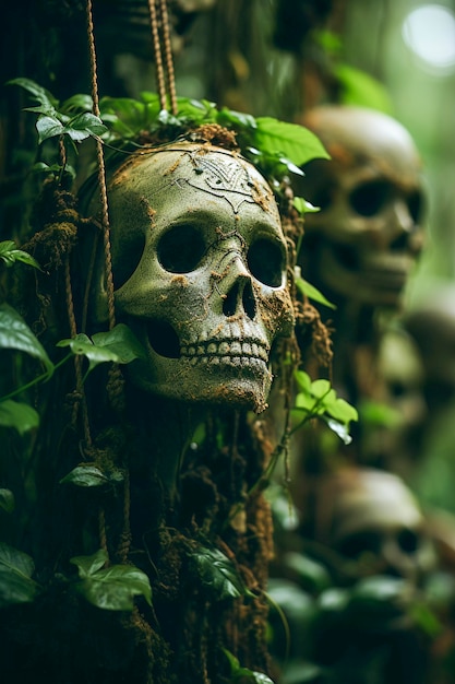 View of skeleton skulls with vegetation