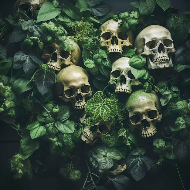 View of skeleton skulls with vegetation