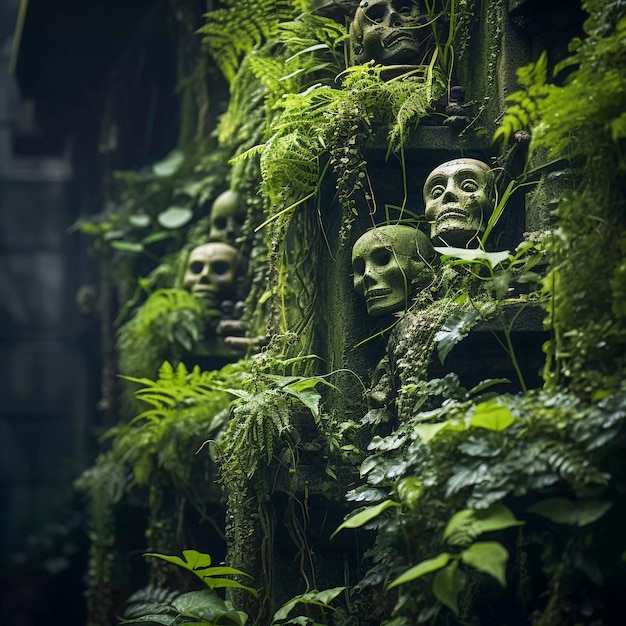 View of skeleton skulls with vegetation