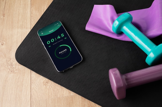 Free Photo view of smartphone with weights and yoga mat